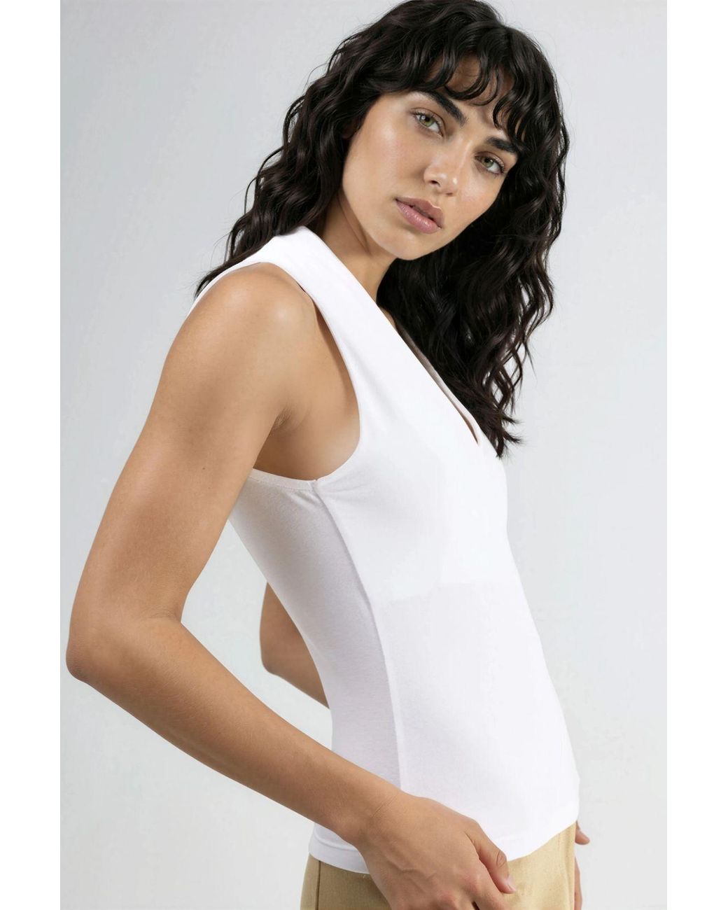 Busem White V-Neck Sleeveless Drape Blouse