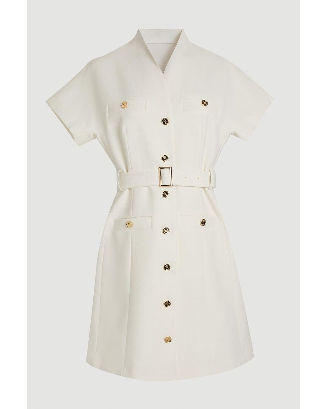 Karen Millen Natural Textured Compact Stretch High Neck Belted Mini Dress