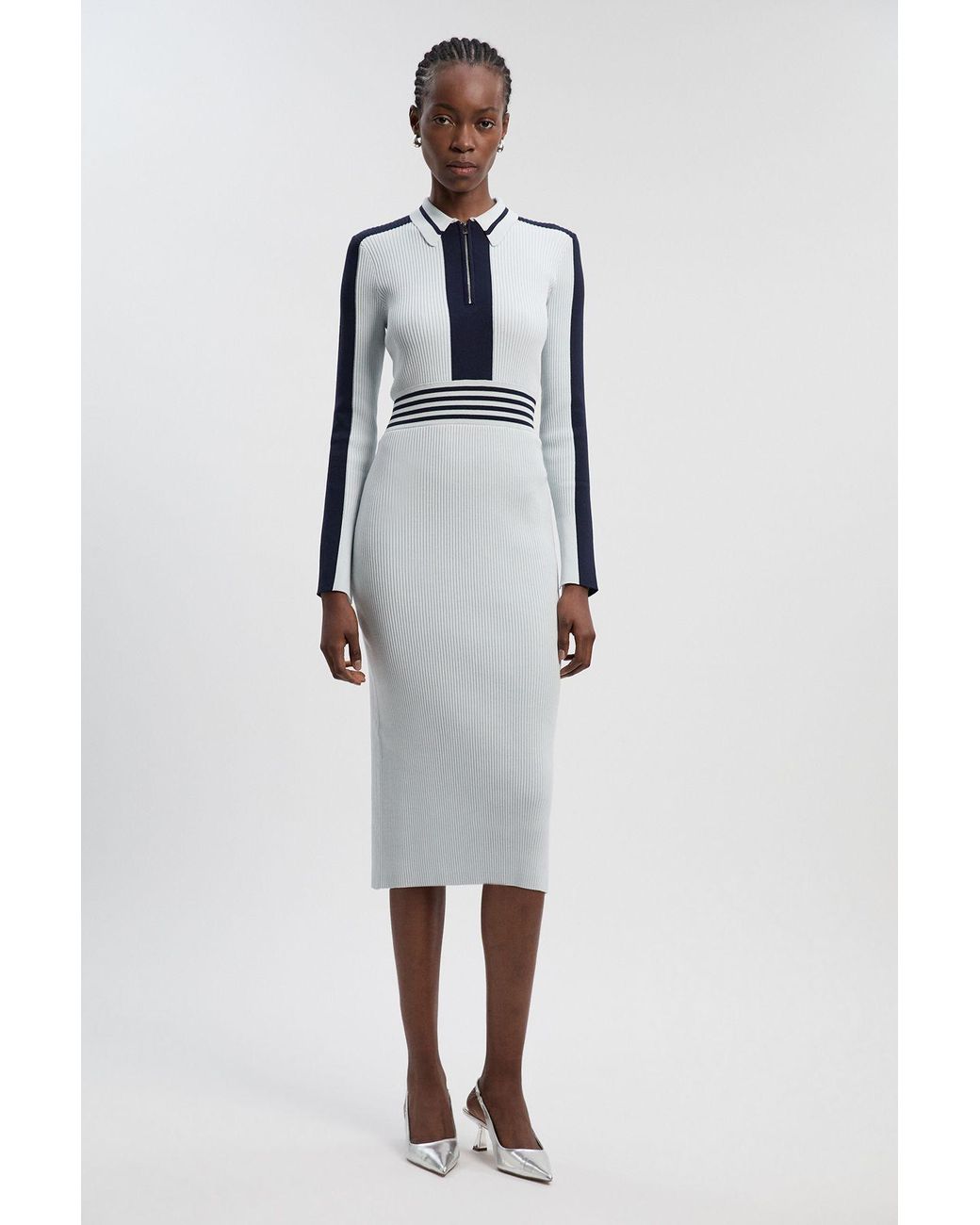 Karen Millen White Rib Knit Polo Zip Up Midi Dress