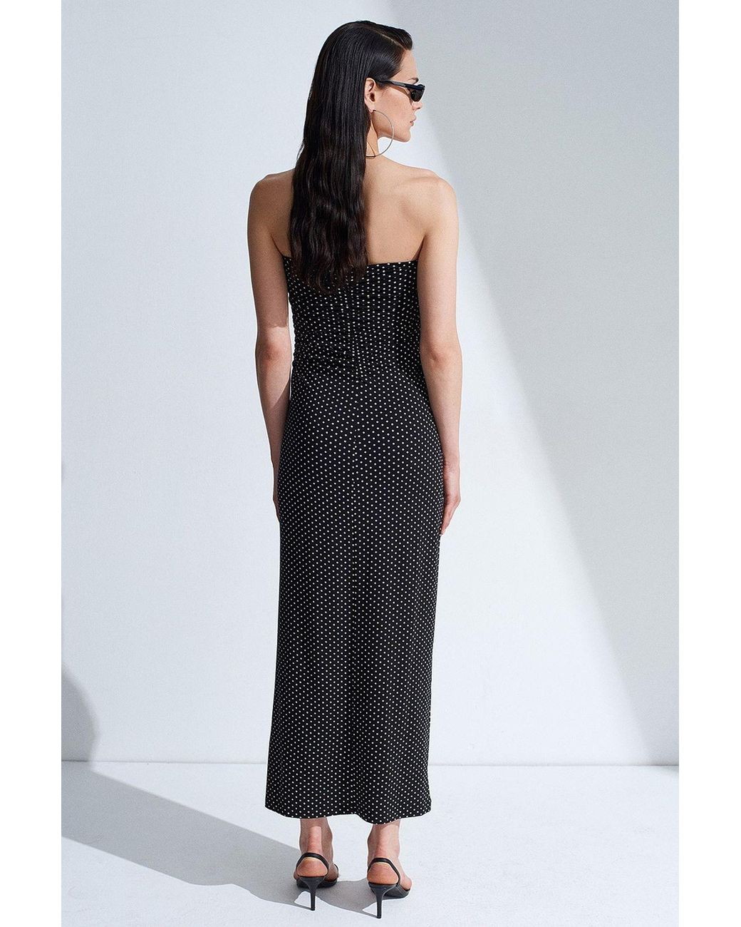 Dilvin Black Strapless Polka Dot Bodycon Midi Dress