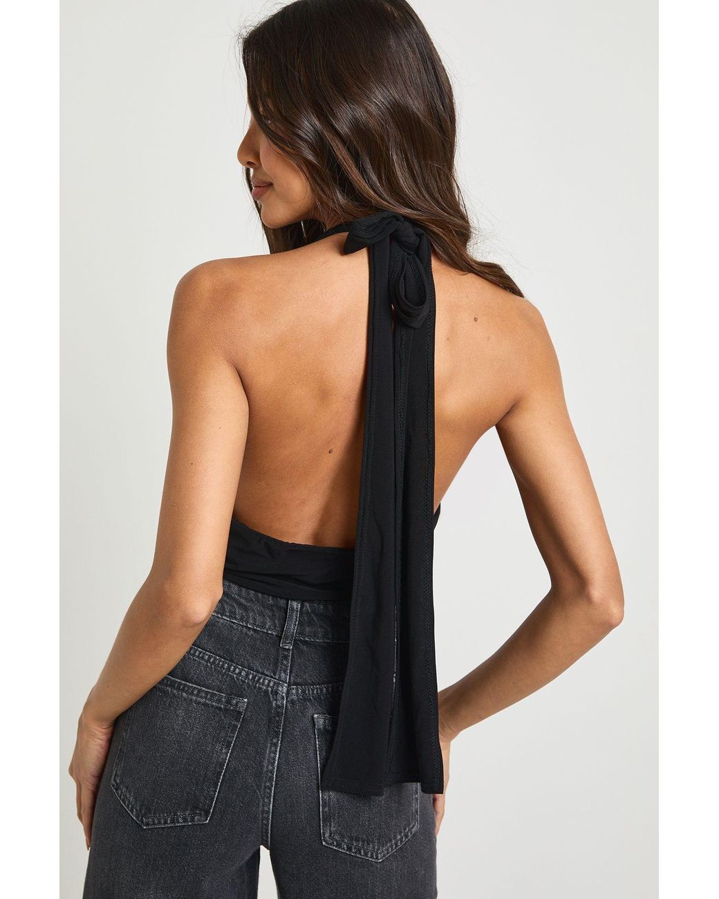 Boohoo Black Double Layer Slinky Scarf Detail Halterneck Bodysuit