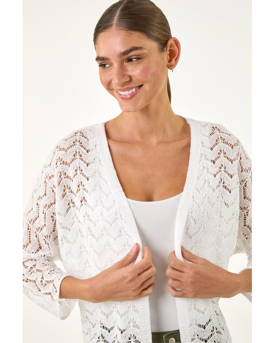 Roman White Wave Stitch Detail Knit Cardigan