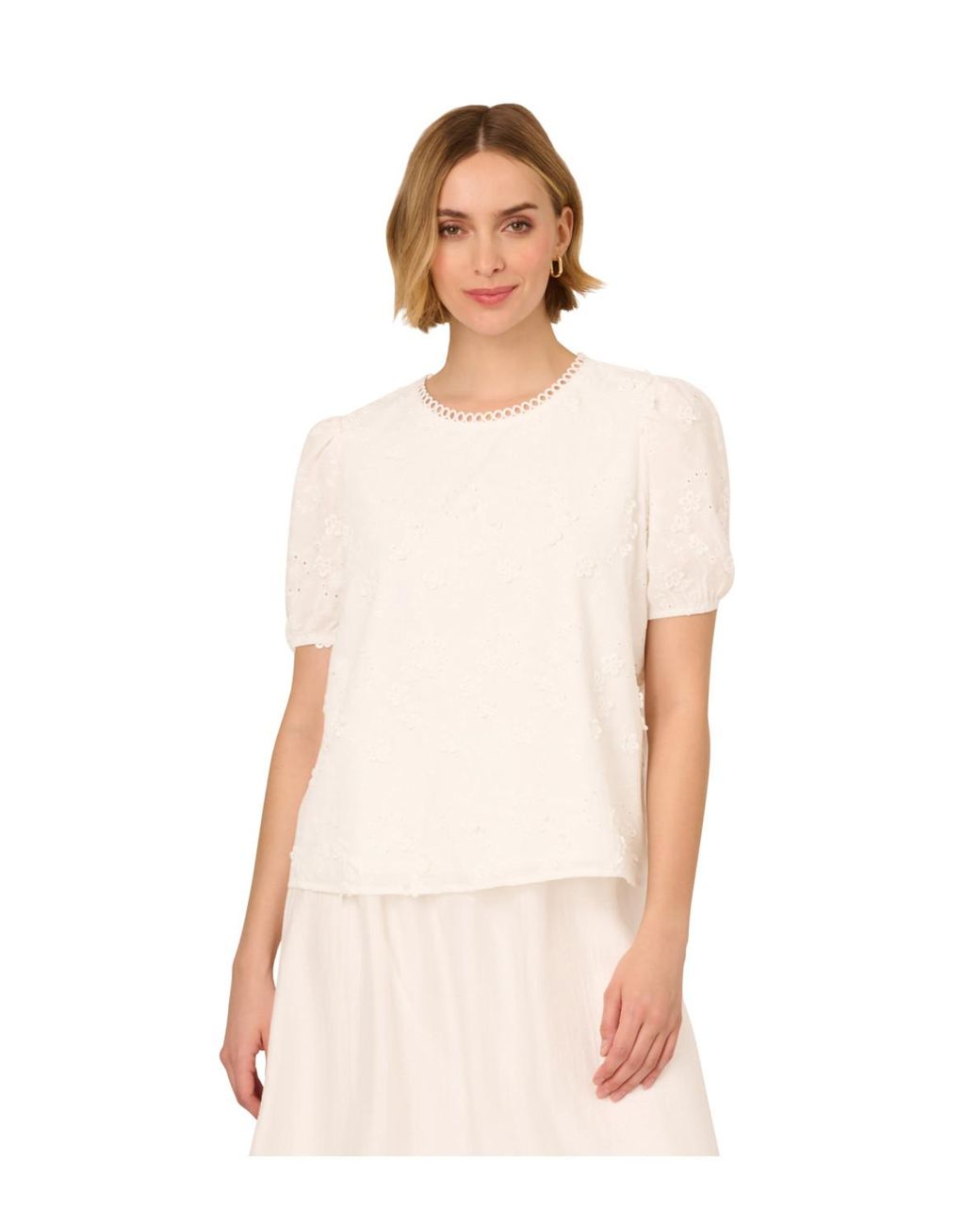 Adrianna Papell White Crew Neck Elbow Puff Sleeve Woven Shirt With 3D Flowers