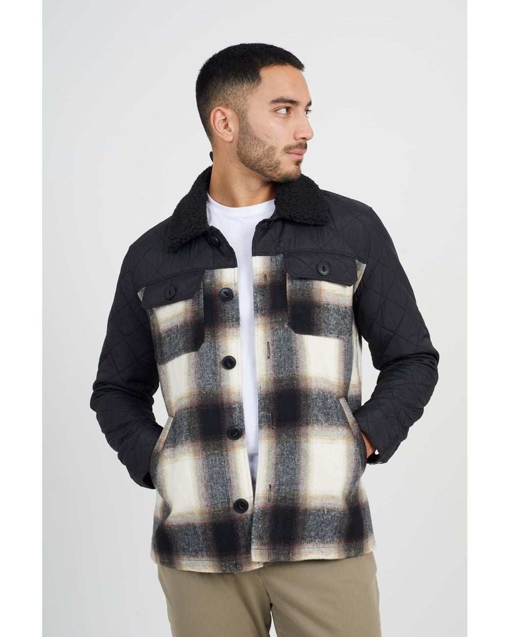 Brave Soul Gray Checked Jacket With Sherpa Collar for men