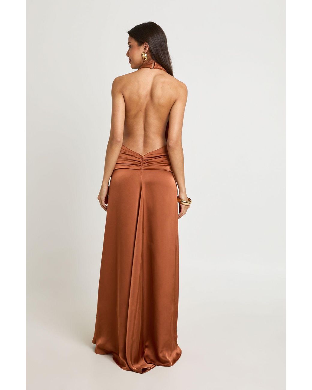 Boohoo Brown Plunge Front Open Back Satin Maxi Dress