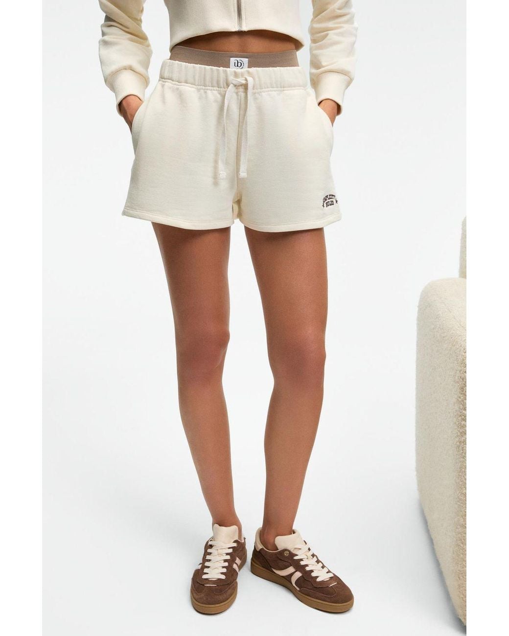 Grimelange Natural Embroidered High Waist Sweat Shorts