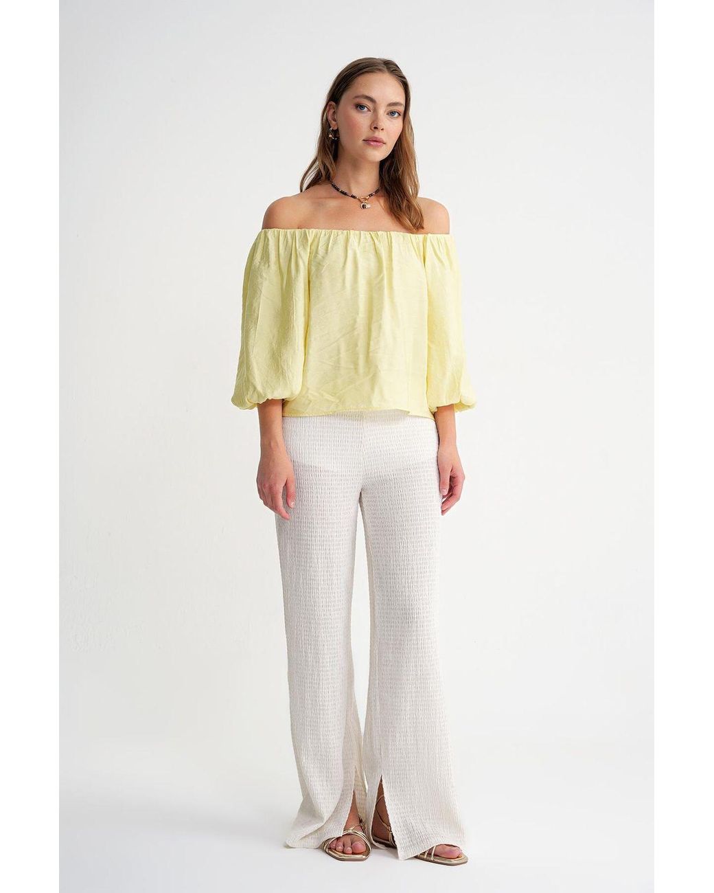 MixRay Yellow Modal Blended Blouse With Madonna Collar And Ruffle Detail
