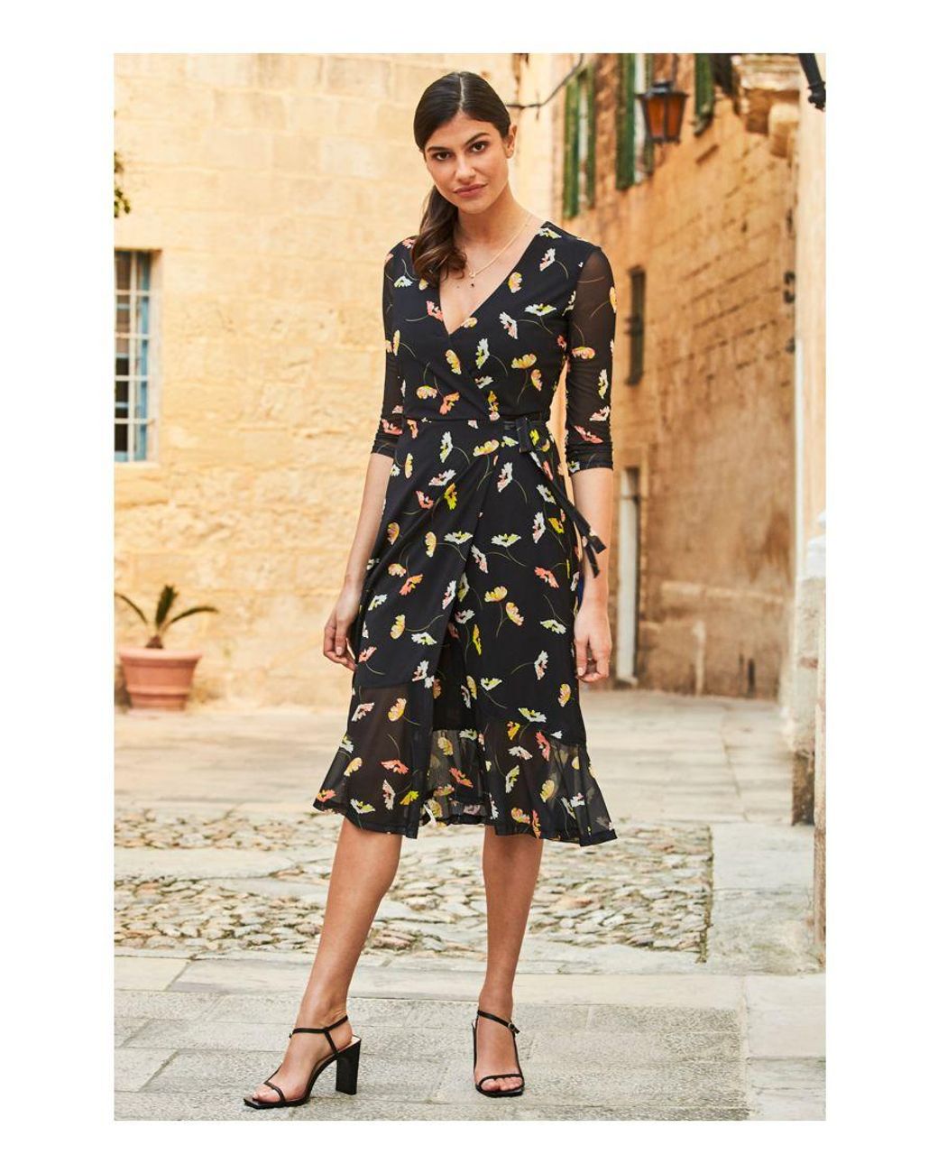 Sosandar Natural Floral Print Mesh Wrap Midi Dress