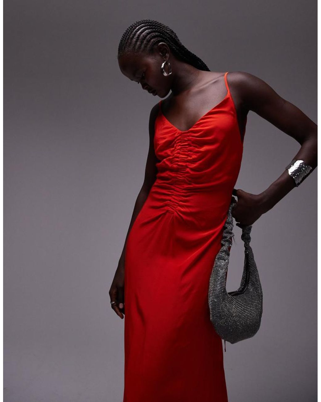 TOPSHOP Red Ruched Maxi Slip Dress