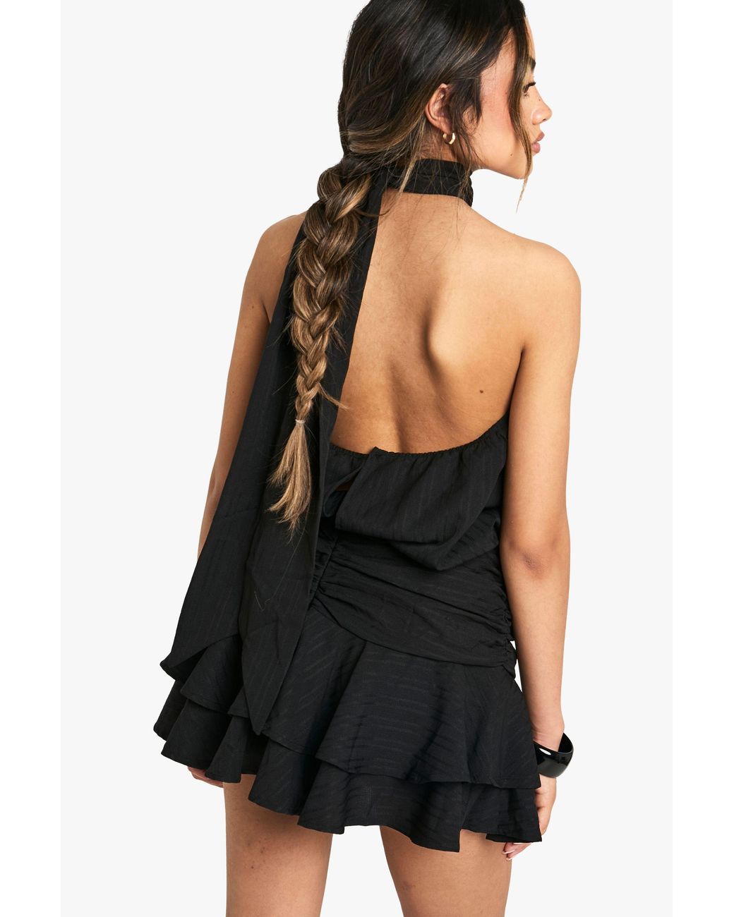 Boohoo Black Textured Ruched Frill Skirt Halterneck Mini Dress