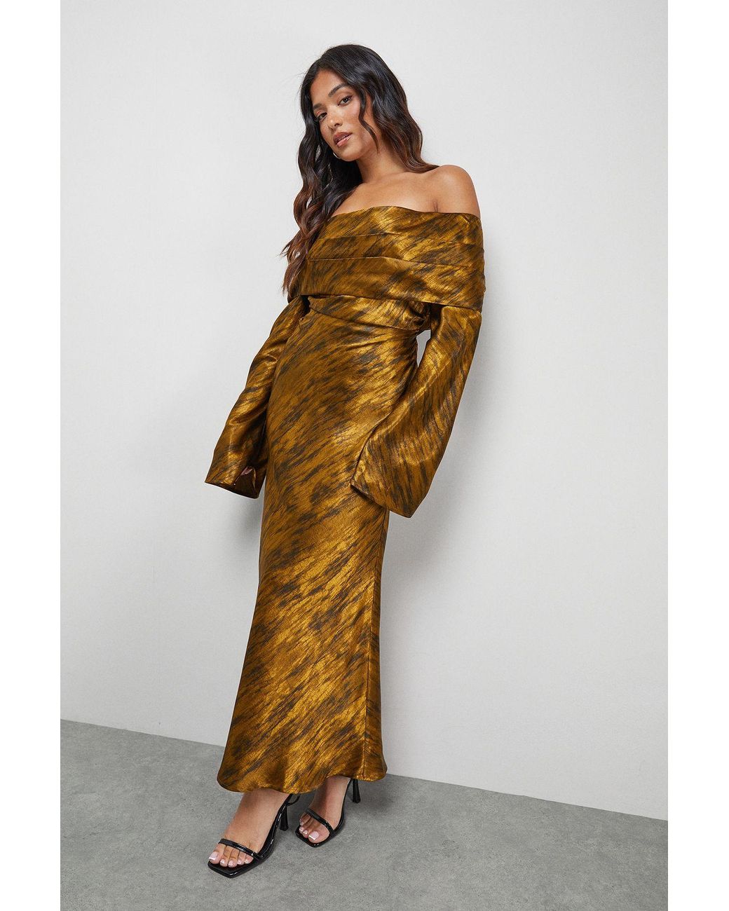 Warehouse Metallic Petite Shimmer Satin Foldover Bardot Bias Midi Dress