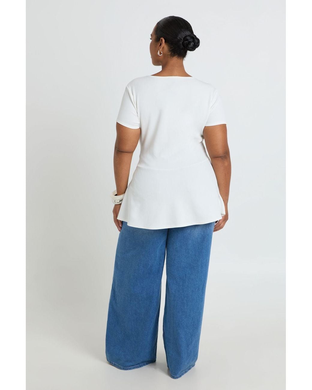 Boohoo White Plus Rib Button Down Peplum Top