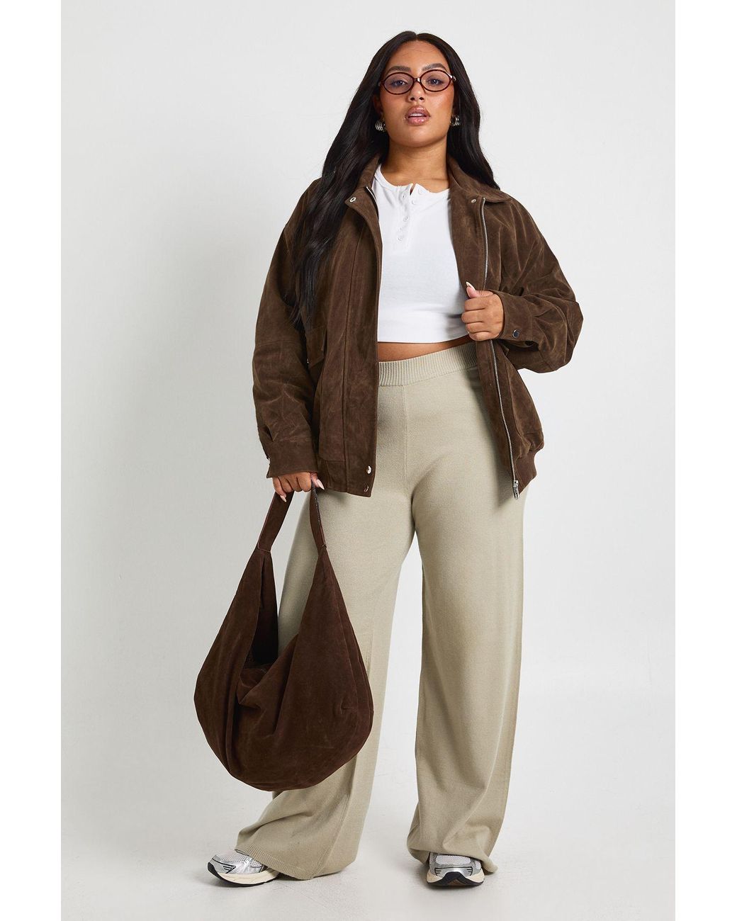 Boohoo Gray Plus Wide Leg Rib Knit Trouser