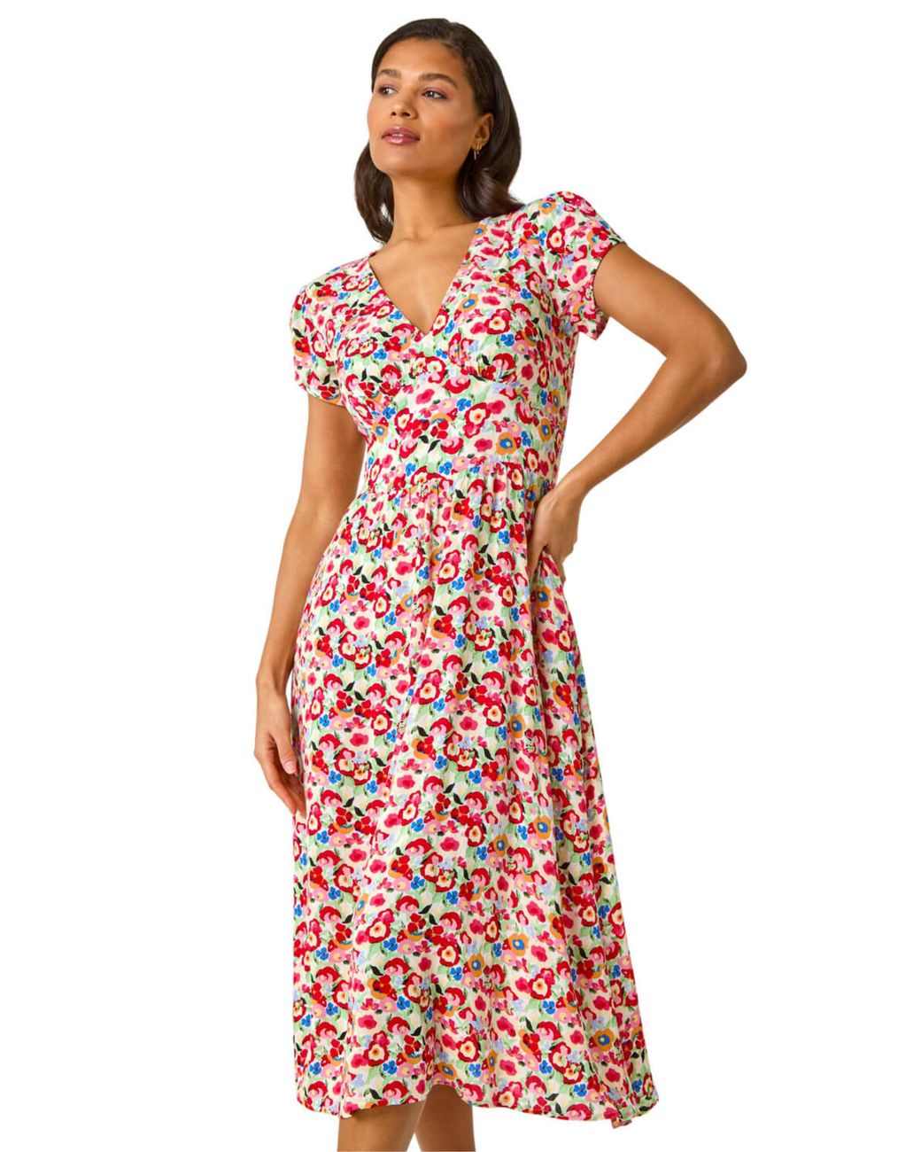 Roman Red Floral Print Tea Midi Dress