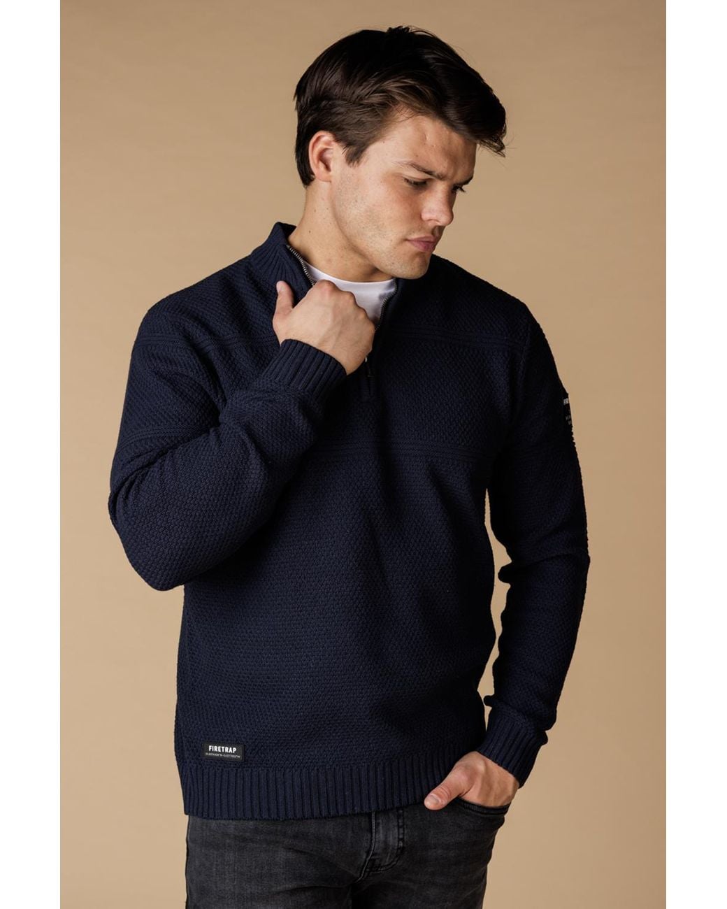 Firetrap Blue Cotton Rich Textured Half Zip Jumper for men