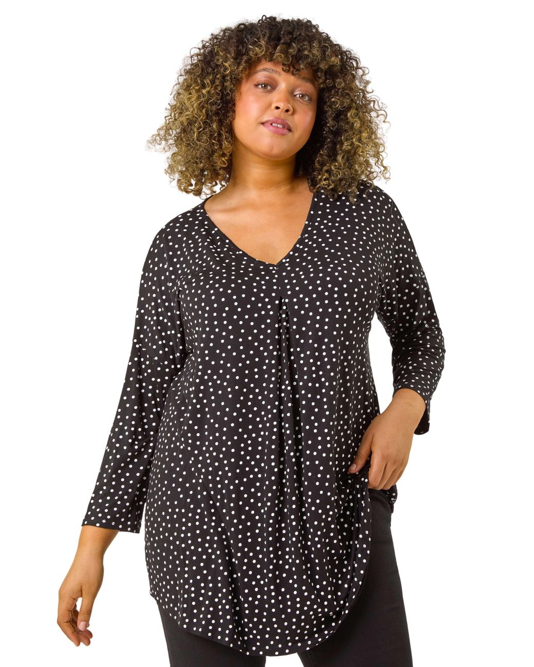 Roman Black Curve V-Neck Spot Print Tunic