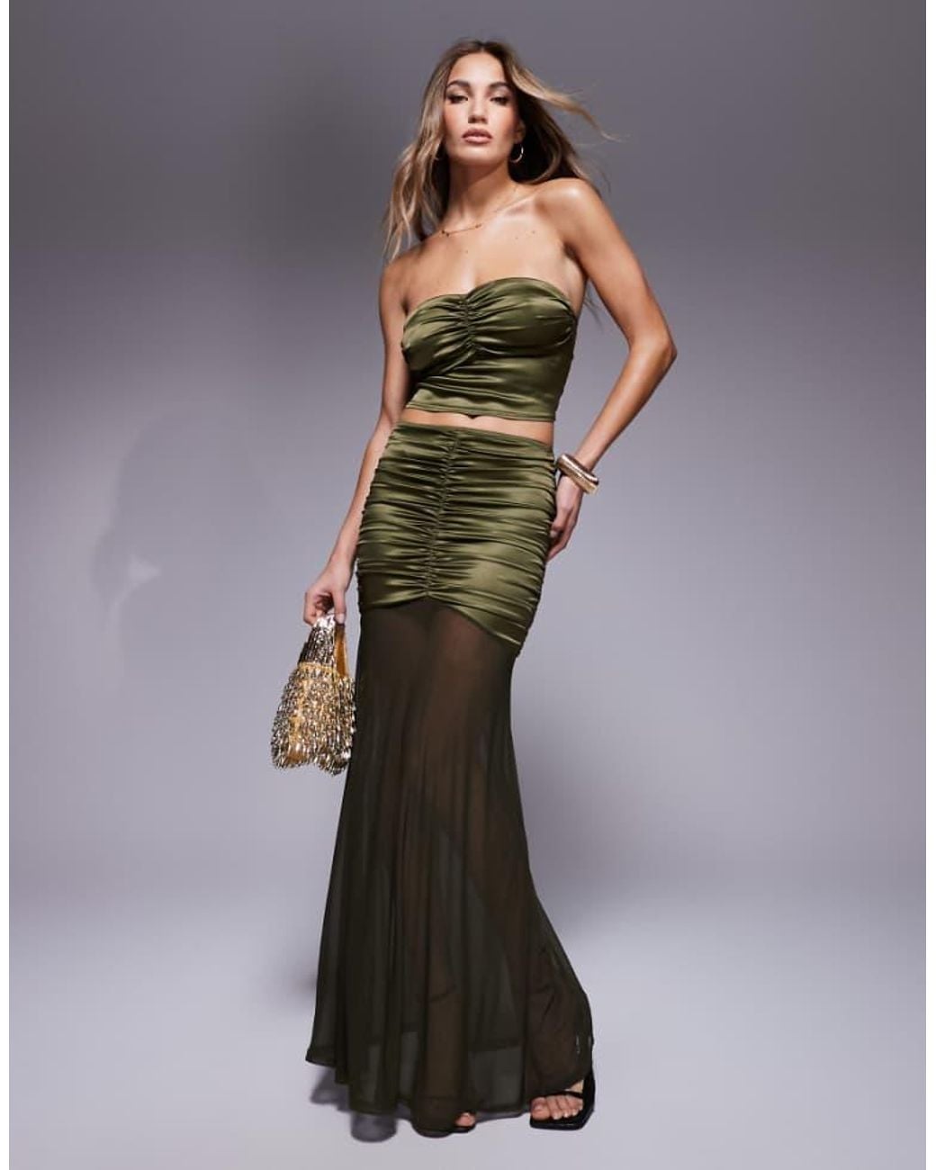 ASOS Brown Co-Ord Stretch Satin Ruched Maxi Skirt With Mesh Hem
