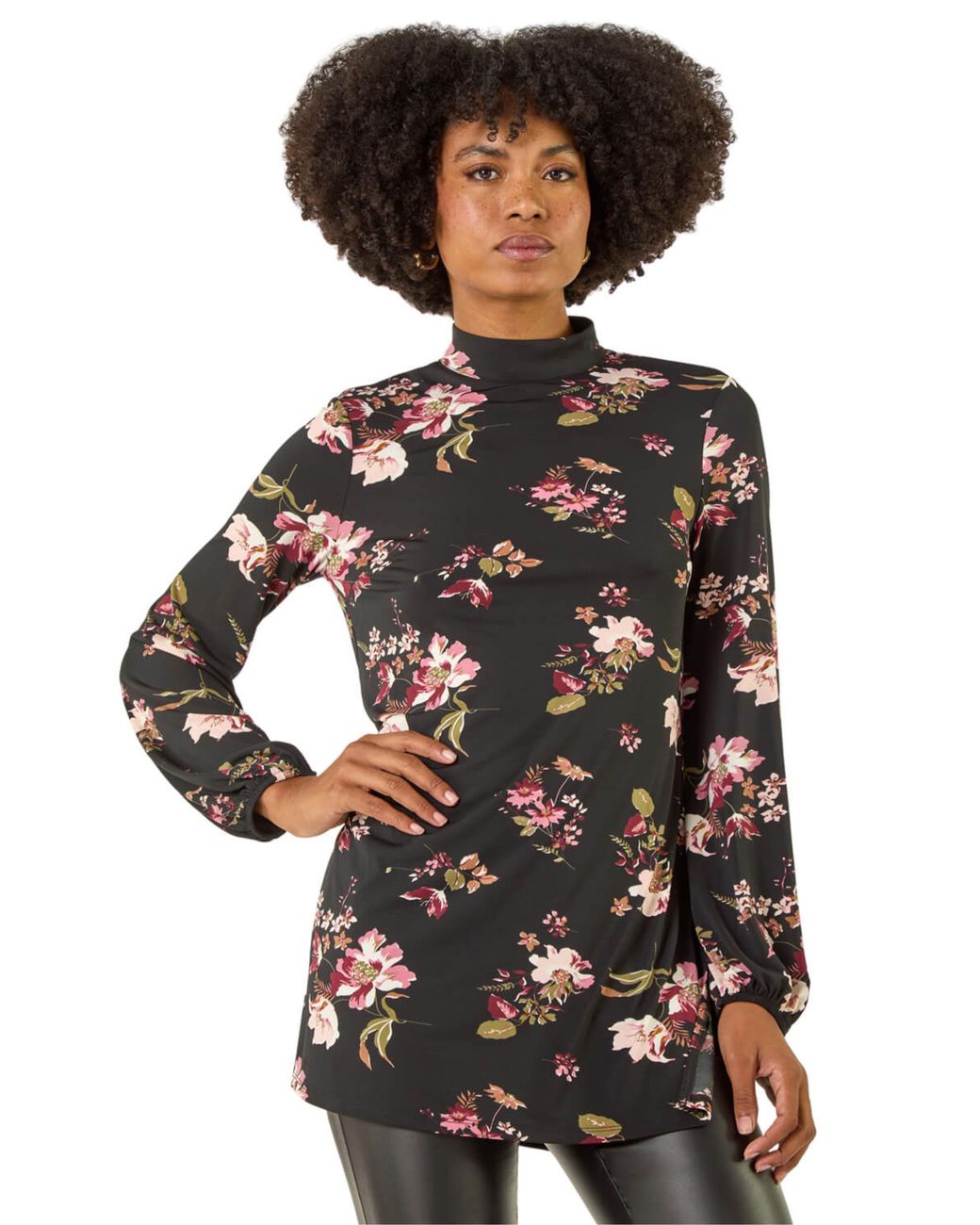Roman Black Floral High Neck Tunic Top