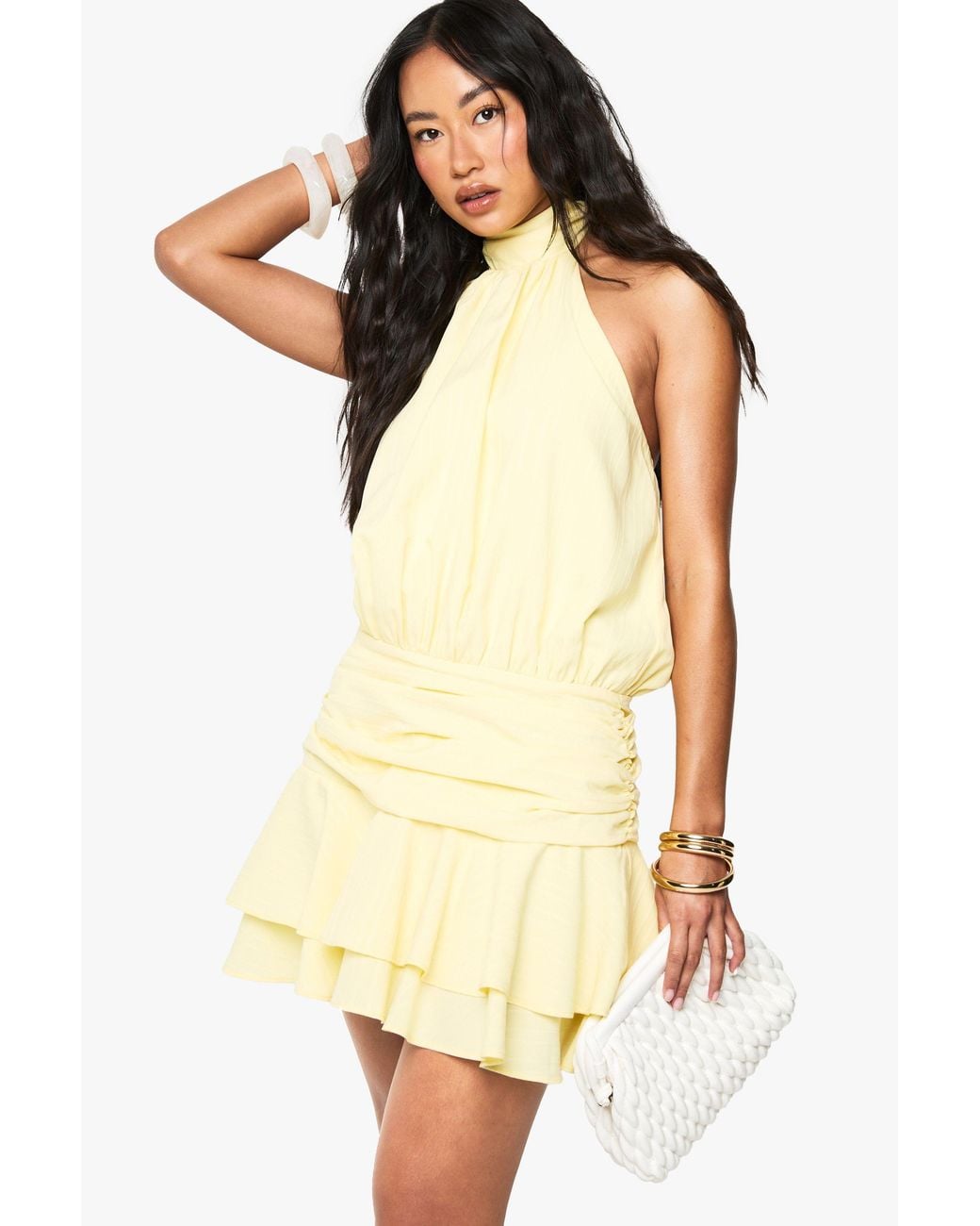Boohoo Yellow Textured Ruched Frill Skirt Halterneck Mini Dress