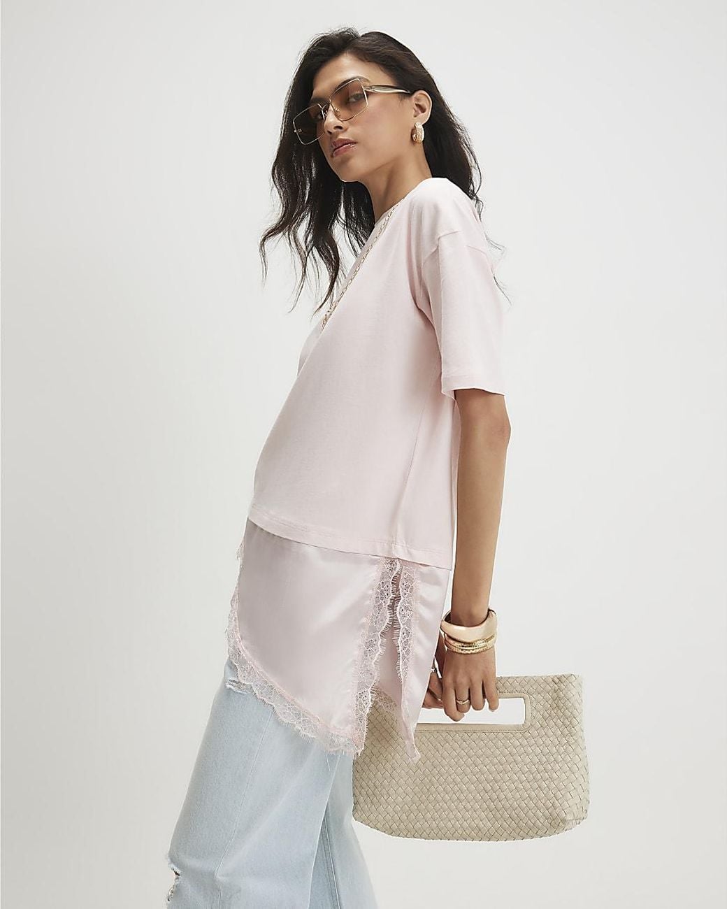 River Island Natural T-Shirt Cotton Lace Hem Asymmetric