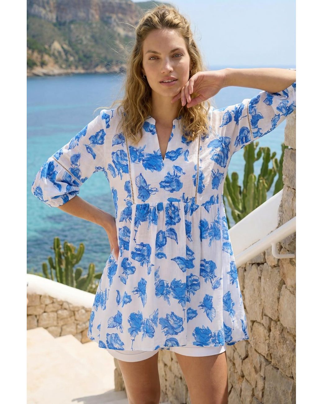 Roman Blue Floral Print Tunic Top