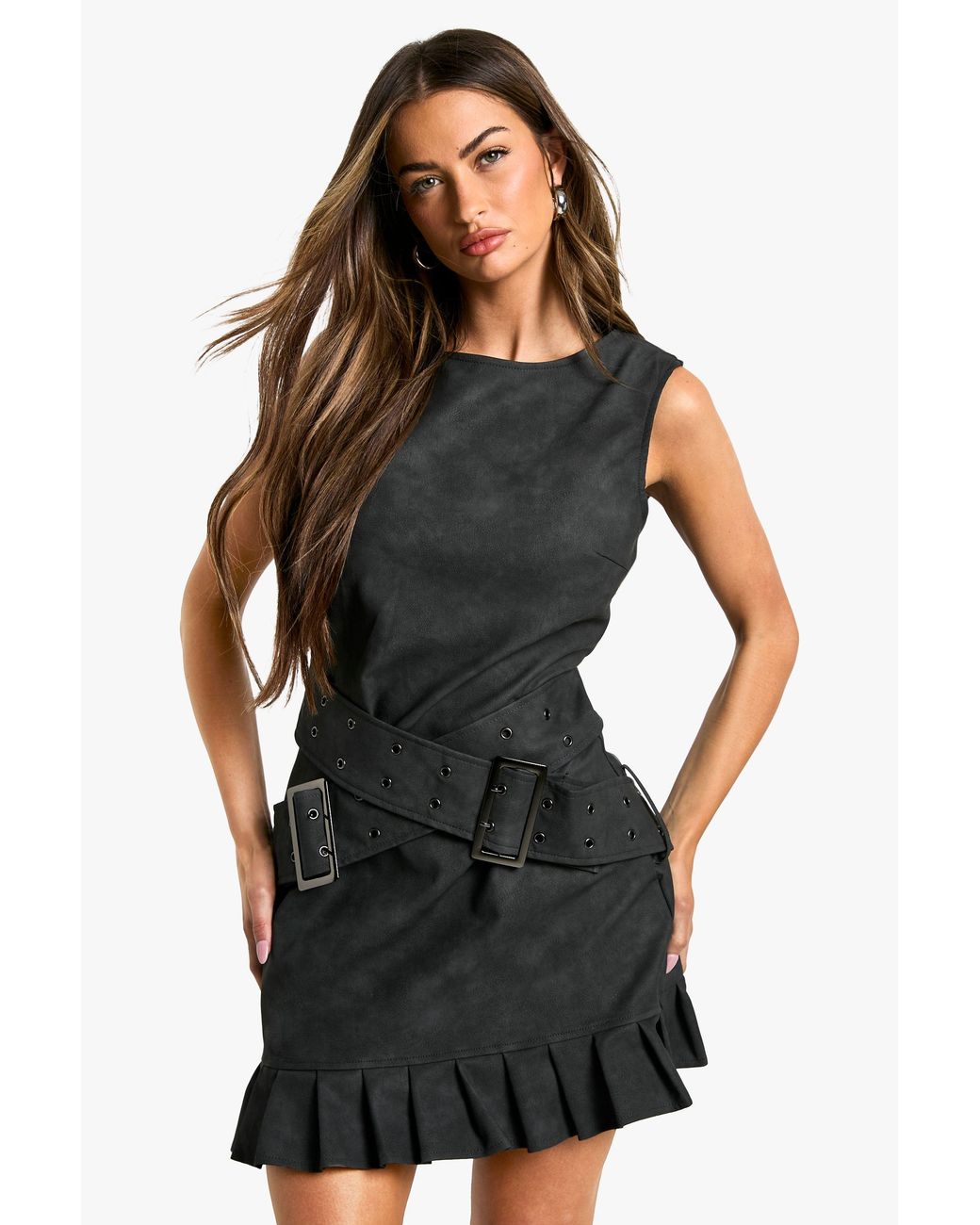 Boohoo Black Faux Leather Double Belt Mini Dress