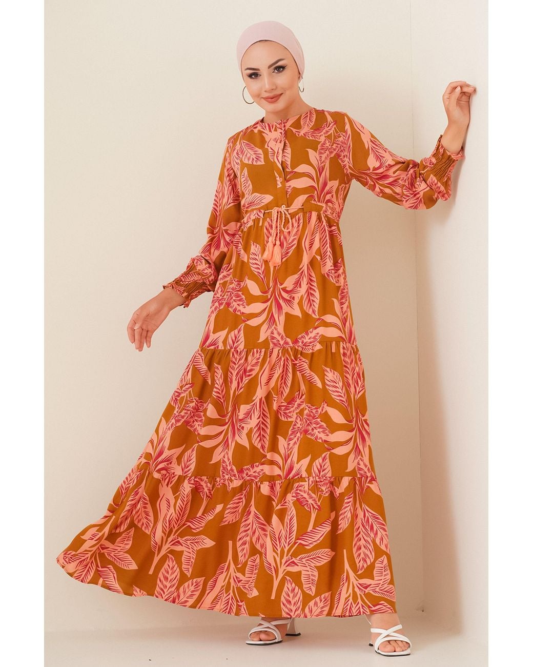 Bigdart Orange Leaf Print Long Sleeve Tiered Maxi Dress