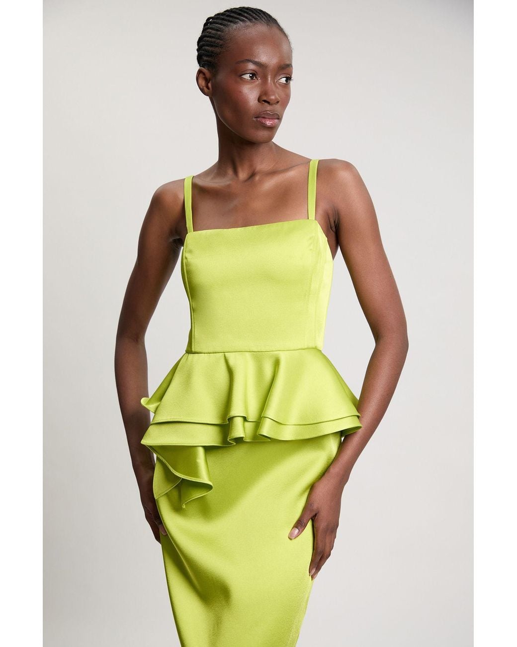 Karen Millen Green Bonded Satin Peplum Pencil Woven Midi Dress
