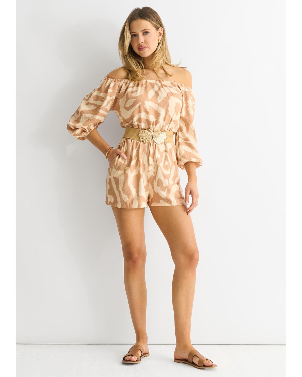 Gini London White Abstract Belted Bardot Viscose Playsuit