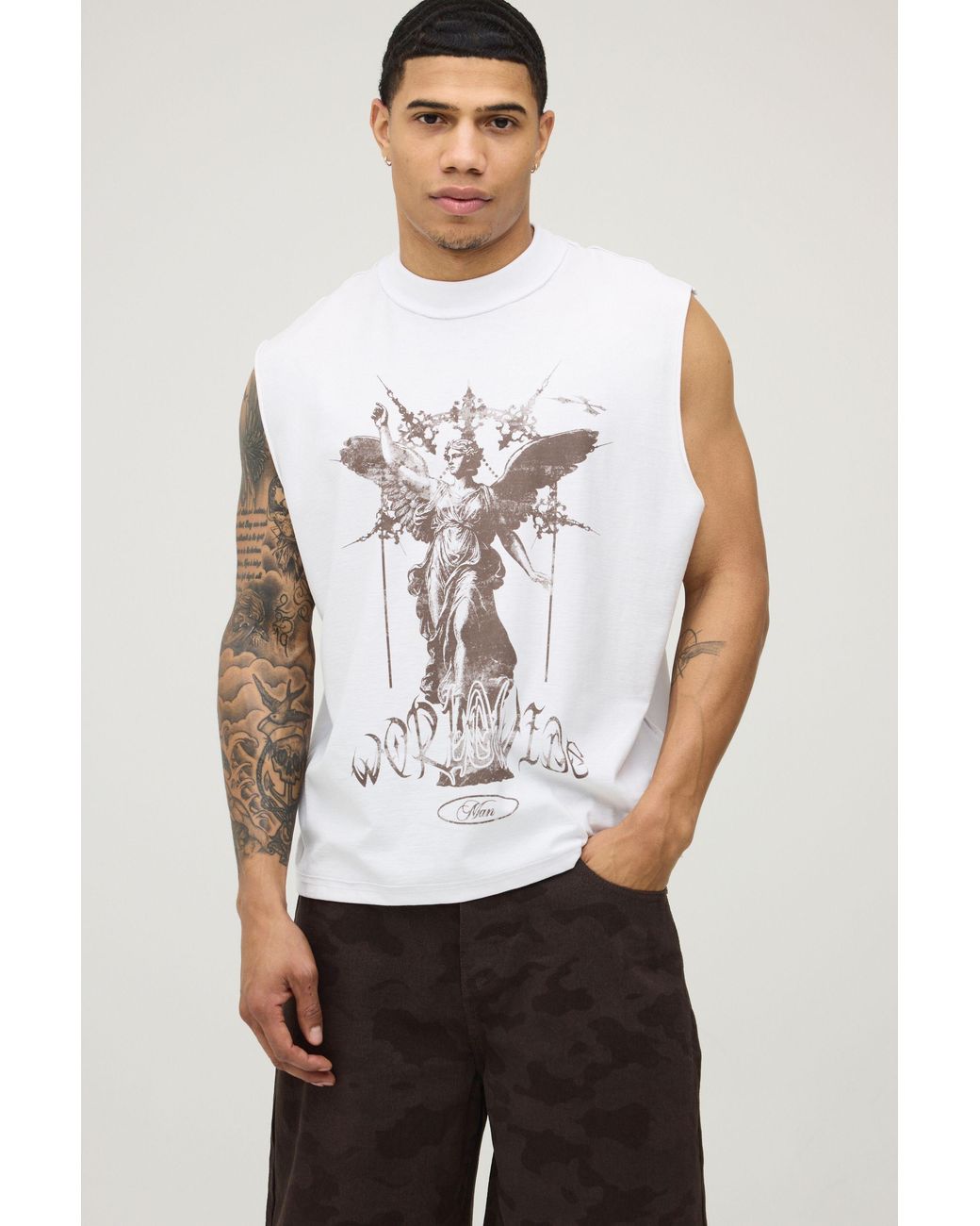BoohooMAN White Oversized Boxy Exposed Seam Renaissance Print Tank Cotton for men