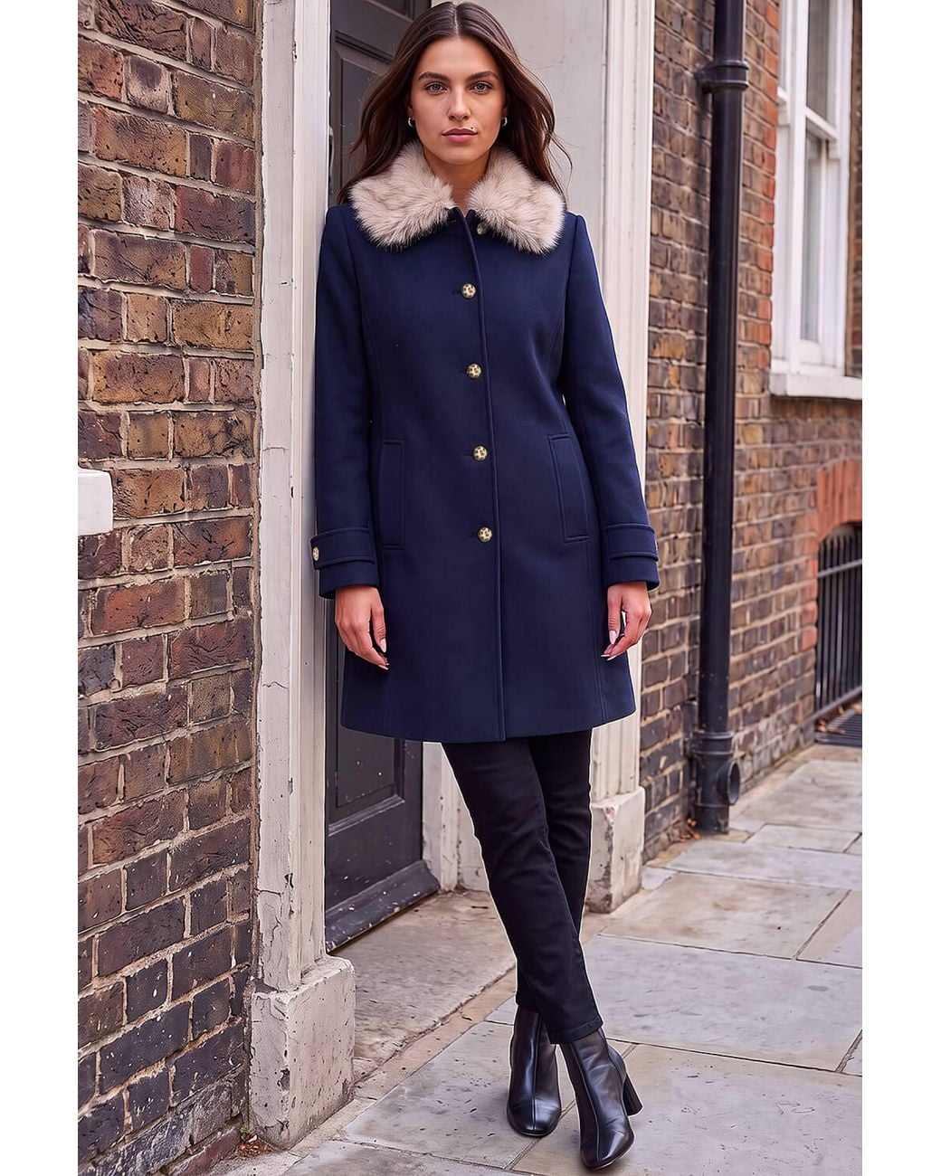 Roman Blue Faux Fur Tipped Dolly Coat