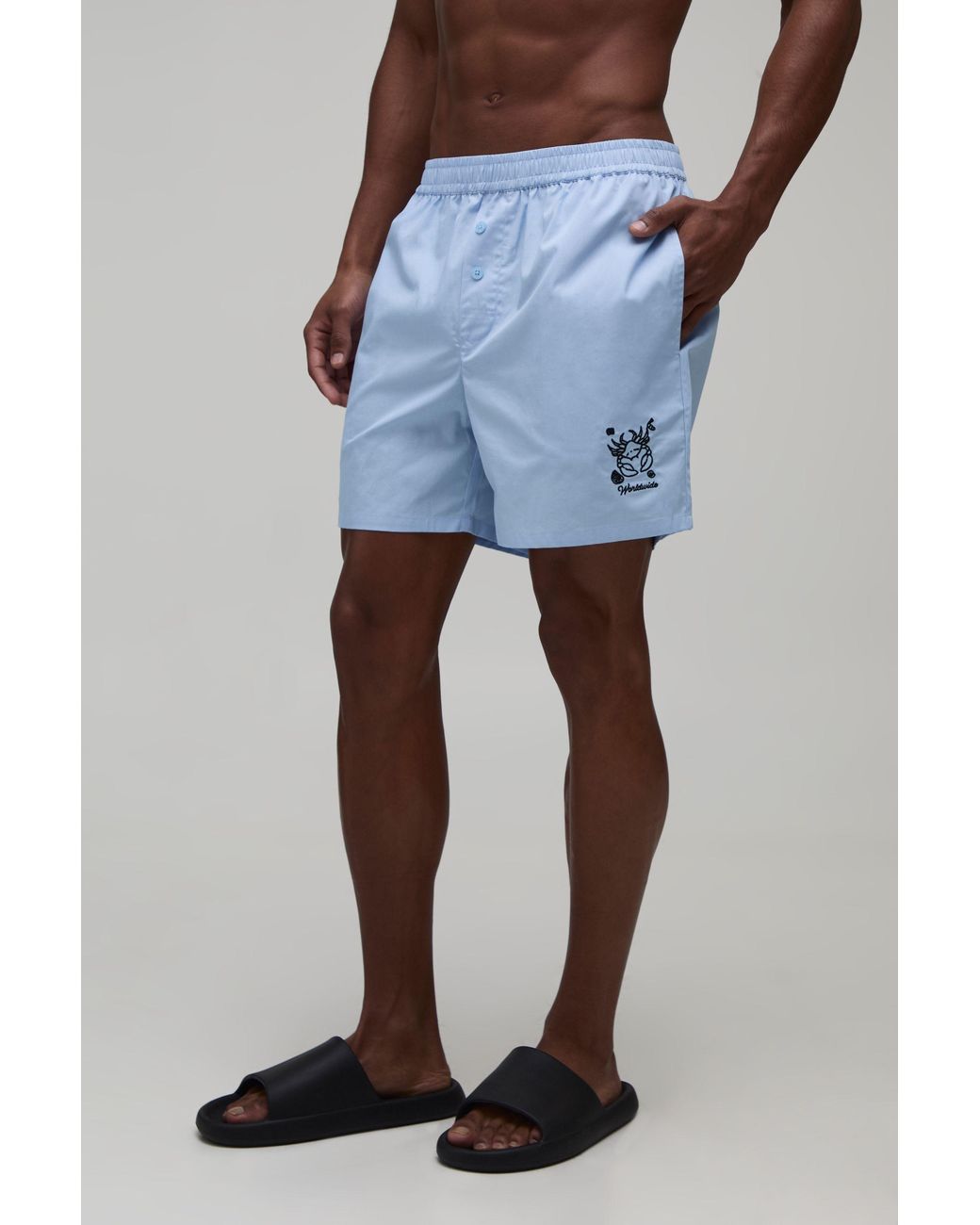 BoohooMAN Blue Relaxed Fit Cotton Boxer Style Embroidered Short for men