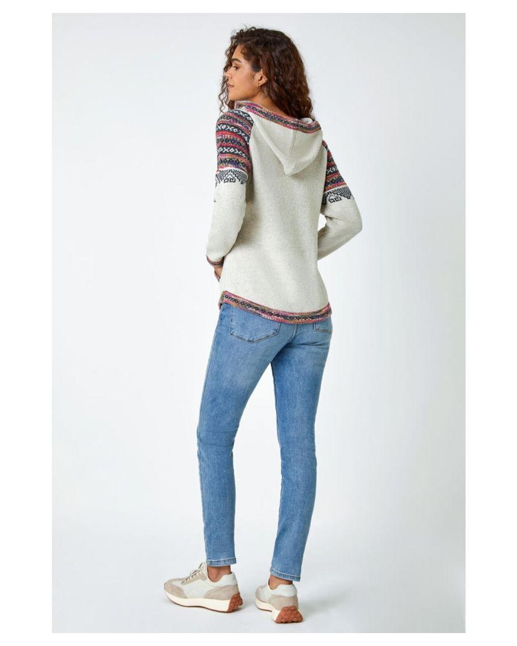 Roman Blue Nordic Print Knitted Hooded V-Neck Jumper