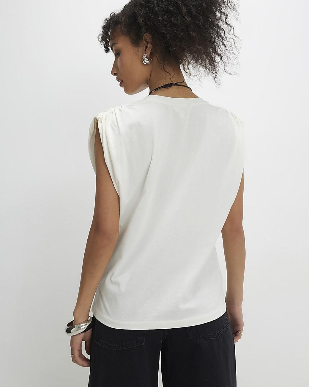 River Island White T-Shirt Cotton Premium Ruched Shoulder