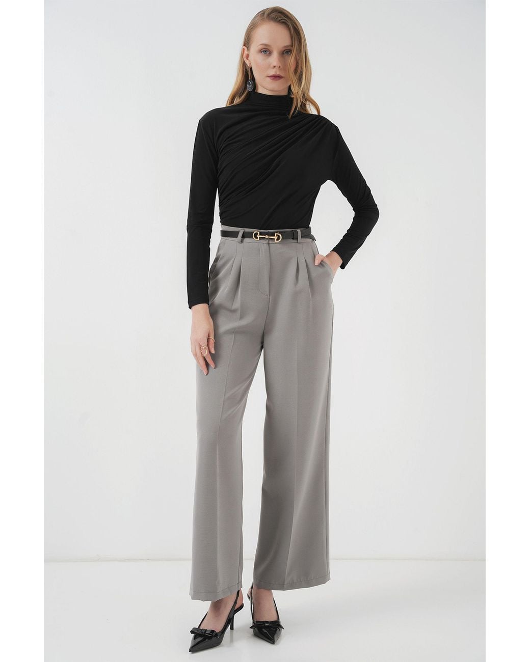 Bigdart Black Fitted Turtleneck Blouse With Drape Detail
