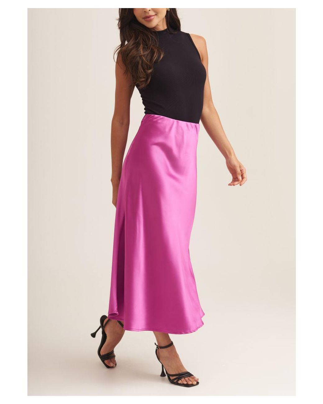 Pink satin midi skirt discount