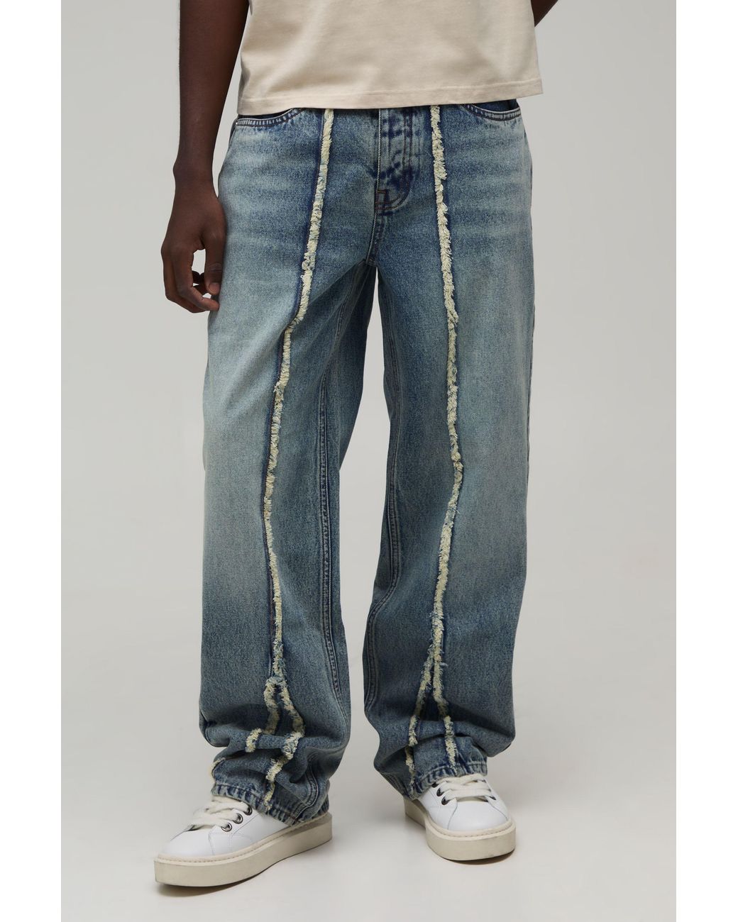 BoohooMAN Blue Patchwork Relaxed Fit Stacked Jeans for men