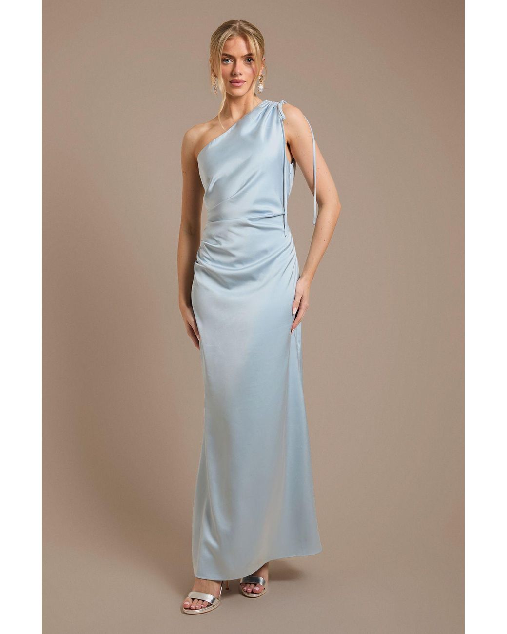 Oasis Blue Ruched Side Detail One Shoulder Satin Maxi Bridesmaid Dress