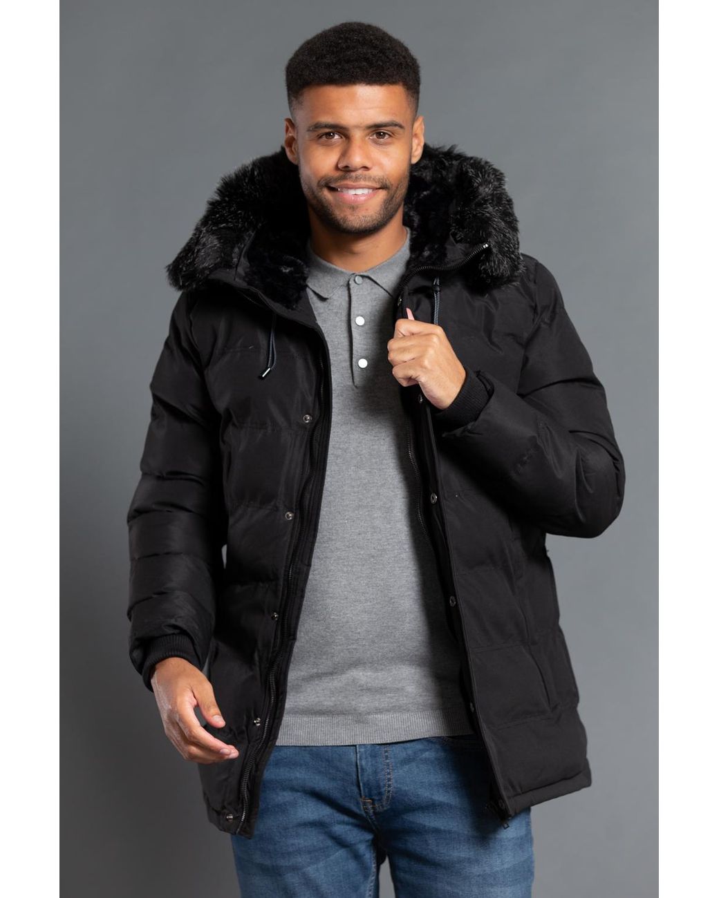 Nines Black Longline Hooded Padded Jacket With Faux Fur Hood for men