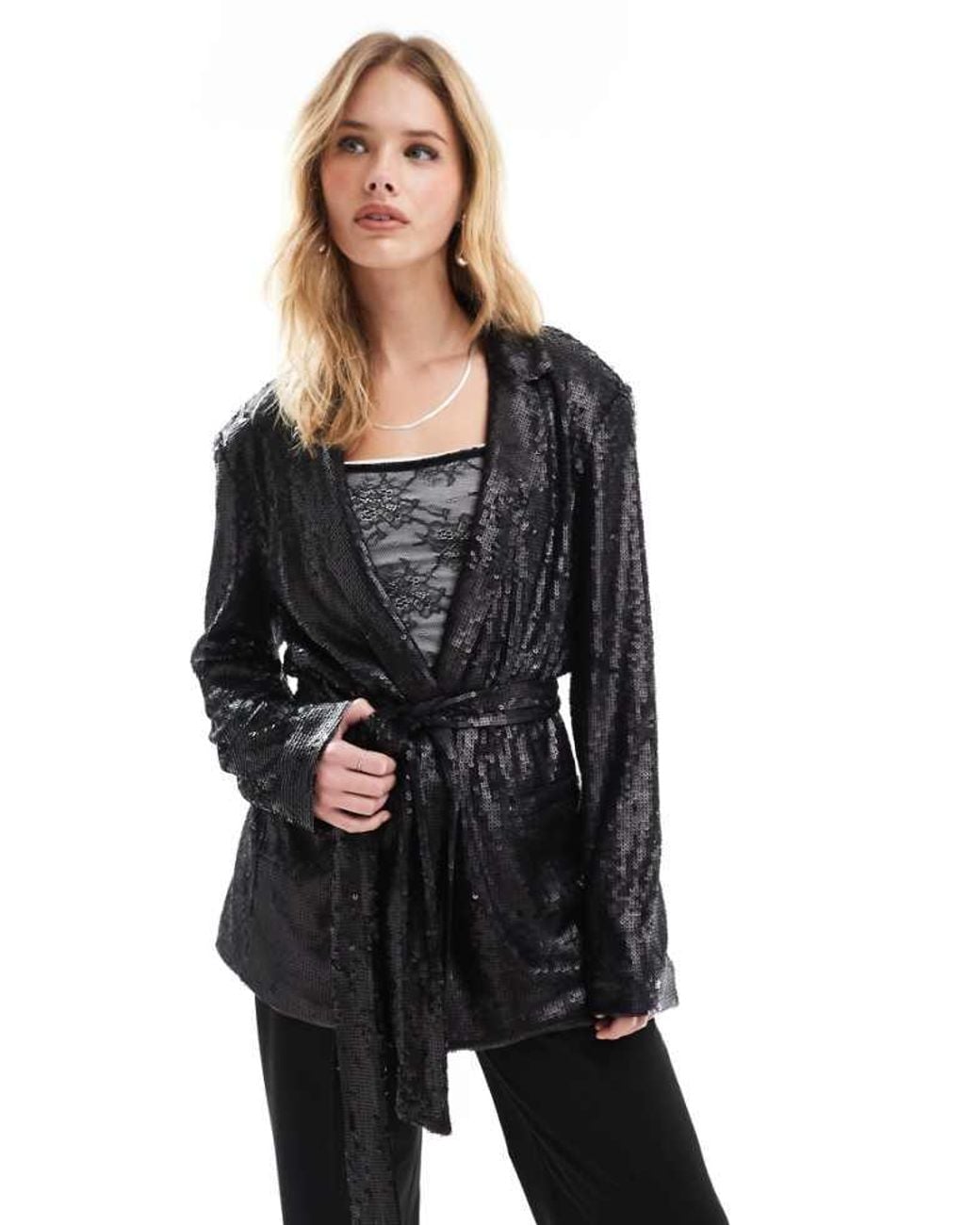 ASOS Black Sequin Tie Waist Blazer