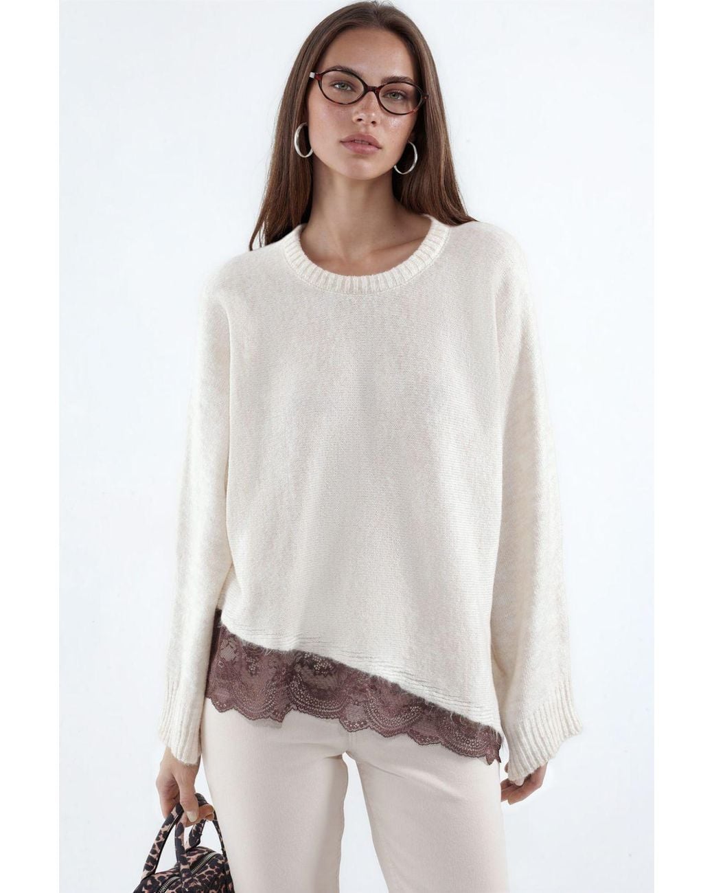 Hiccup White Solid Crew Neck Knit Sweater