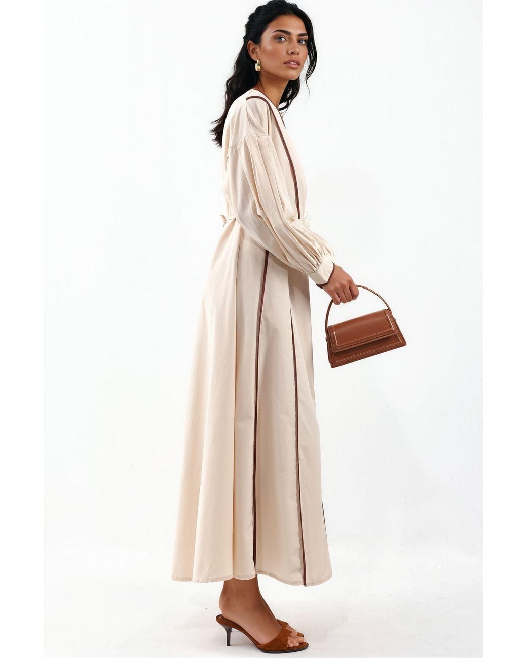 Msn-Collection Natural Belted Striped Maxi Dress