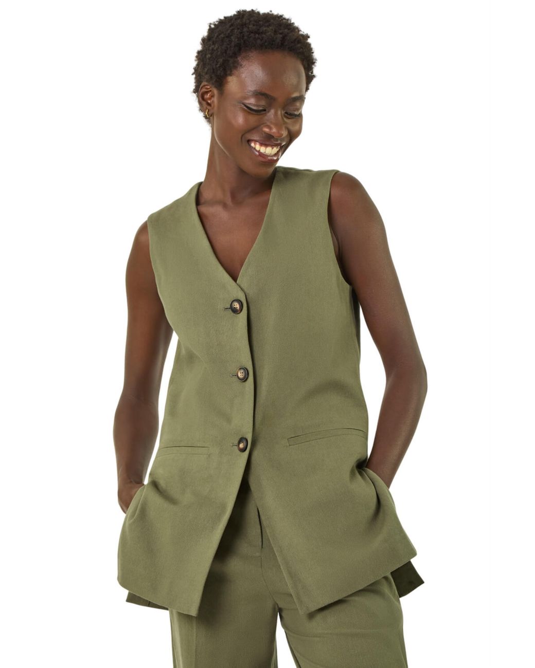Roman Green Longline Button Waistcoat Jacket