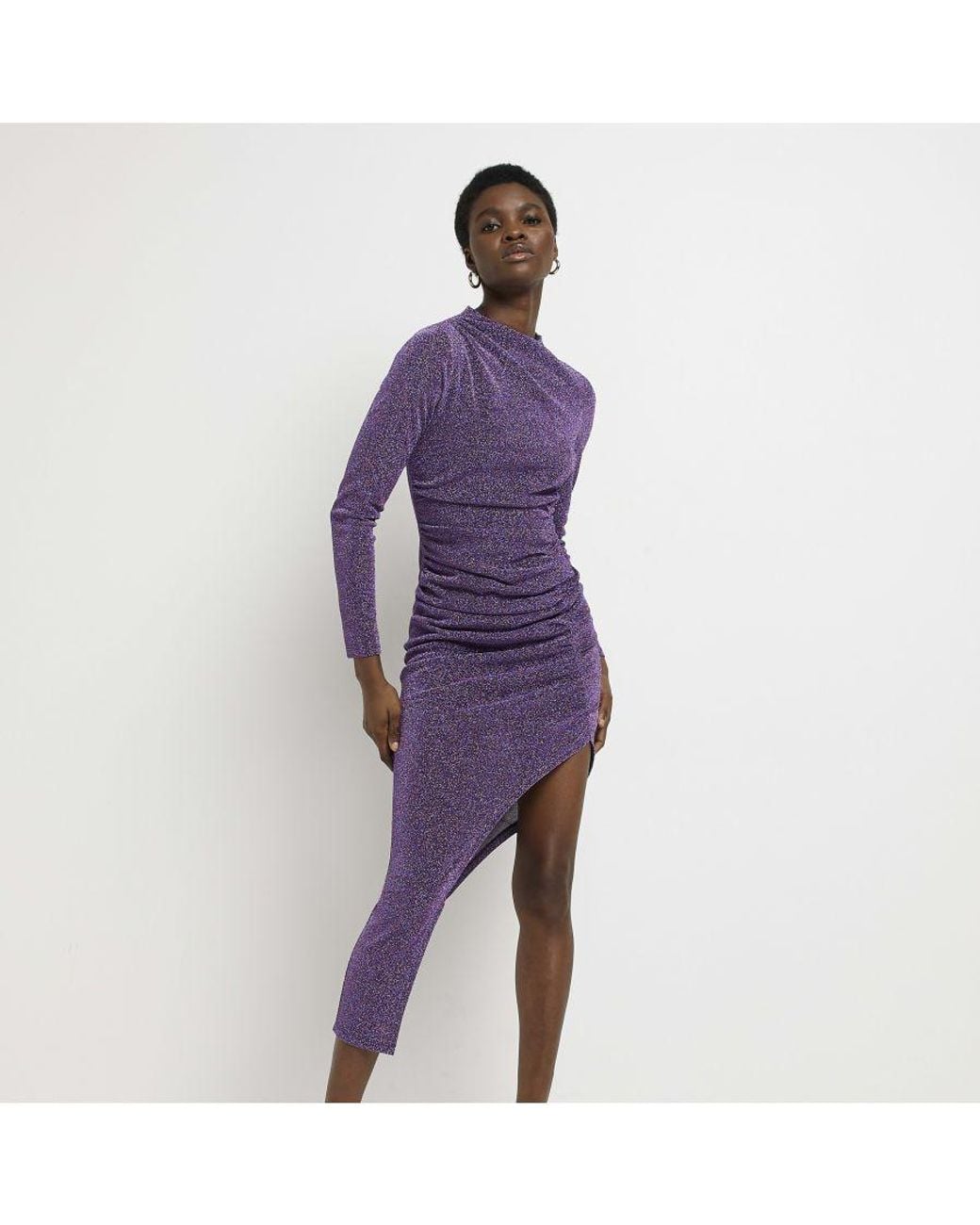 River Island Purple Bodycon Midi Dress Sparkly Ruched Nylon