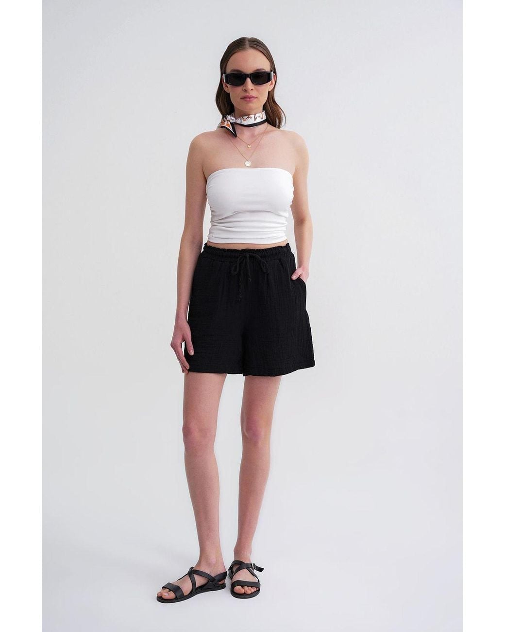 MixRay Black High-Waisted Textured Cotton Shorts