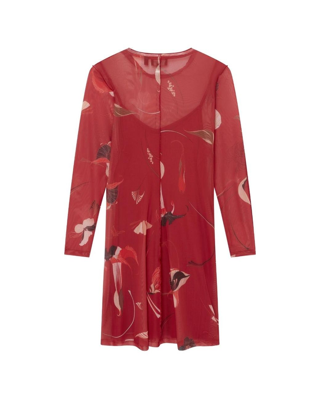 Ted Baker Red Mesh Long Sleeve Printed Midi Dress