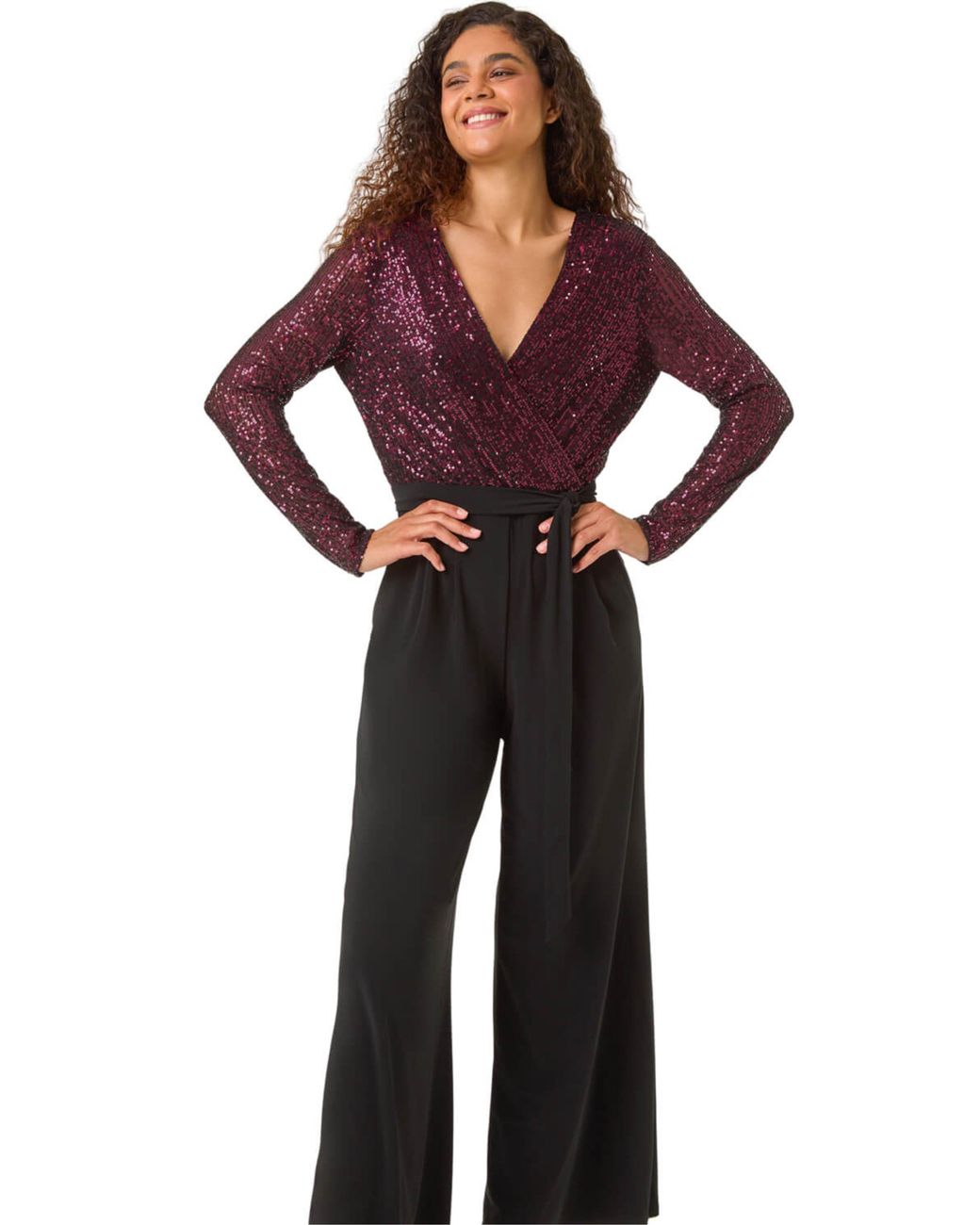 Roman Red Sequin Wrap Wide Leg Stretch Jumpsuit
