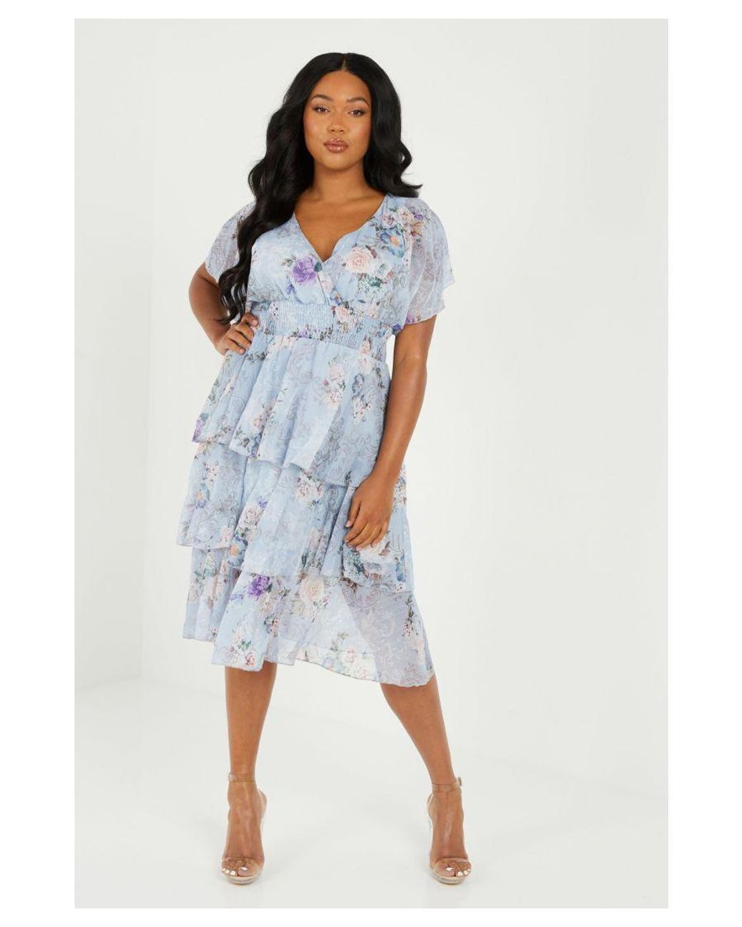 Quiz Curve Blue Floral Chiffon Midi Dress Lyst UK