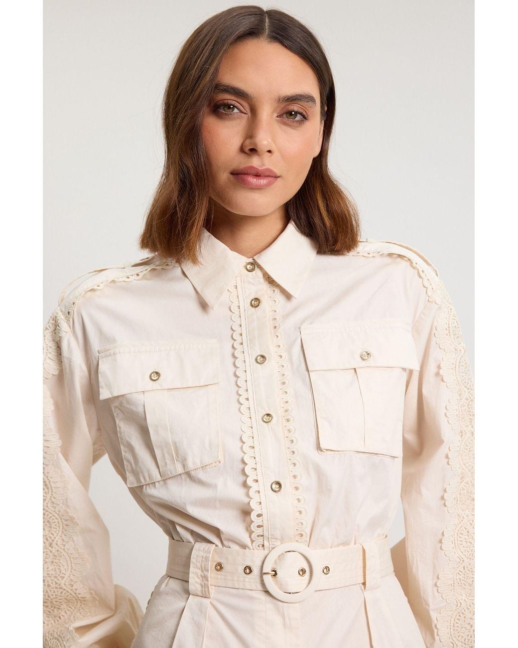 Karen Millen Natural Cotton Sateen With Lace Trim Pocket Detail Playsuit