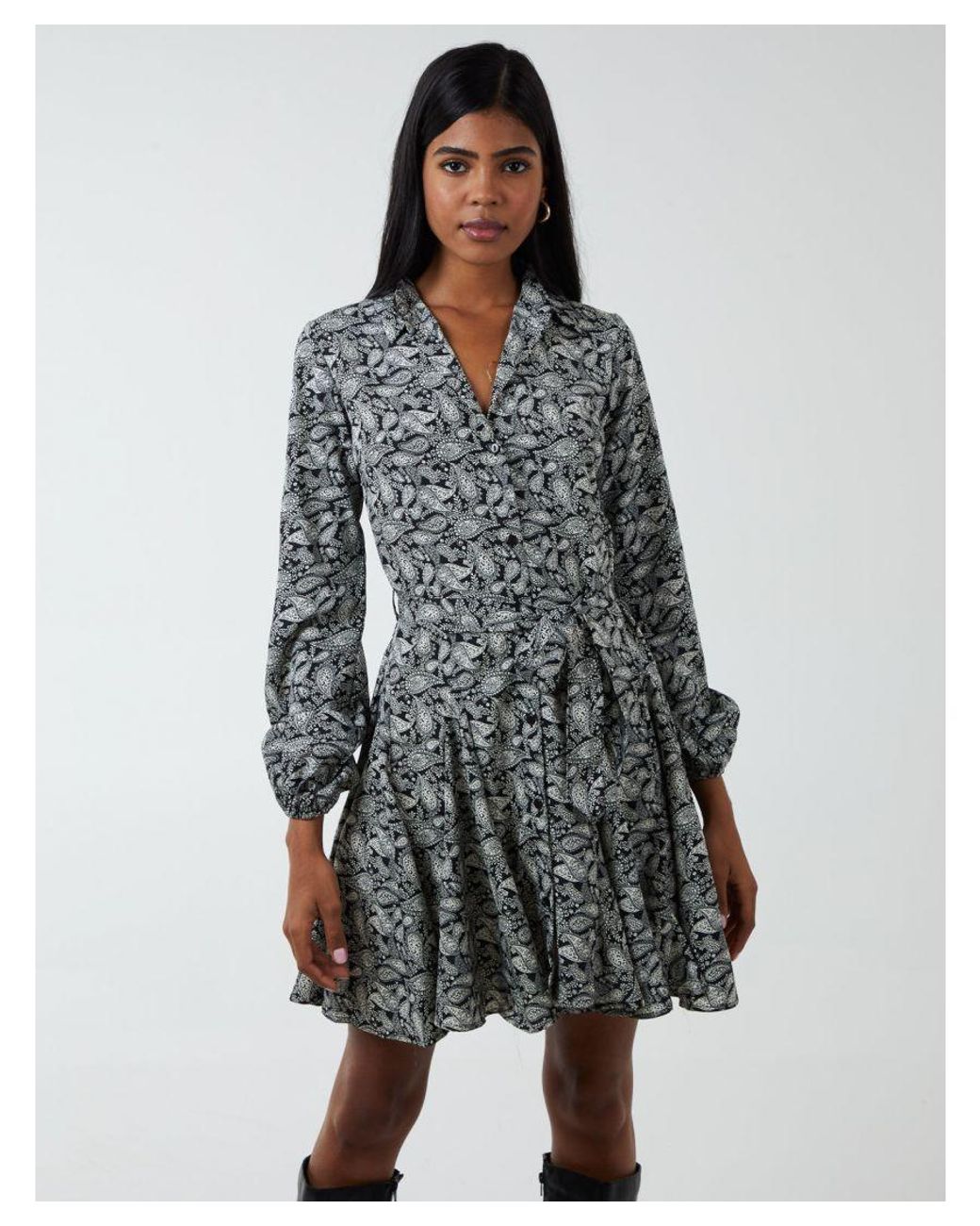 Blue Vanilla Gray Shirt Mini Dress With Godet Hem & Tie